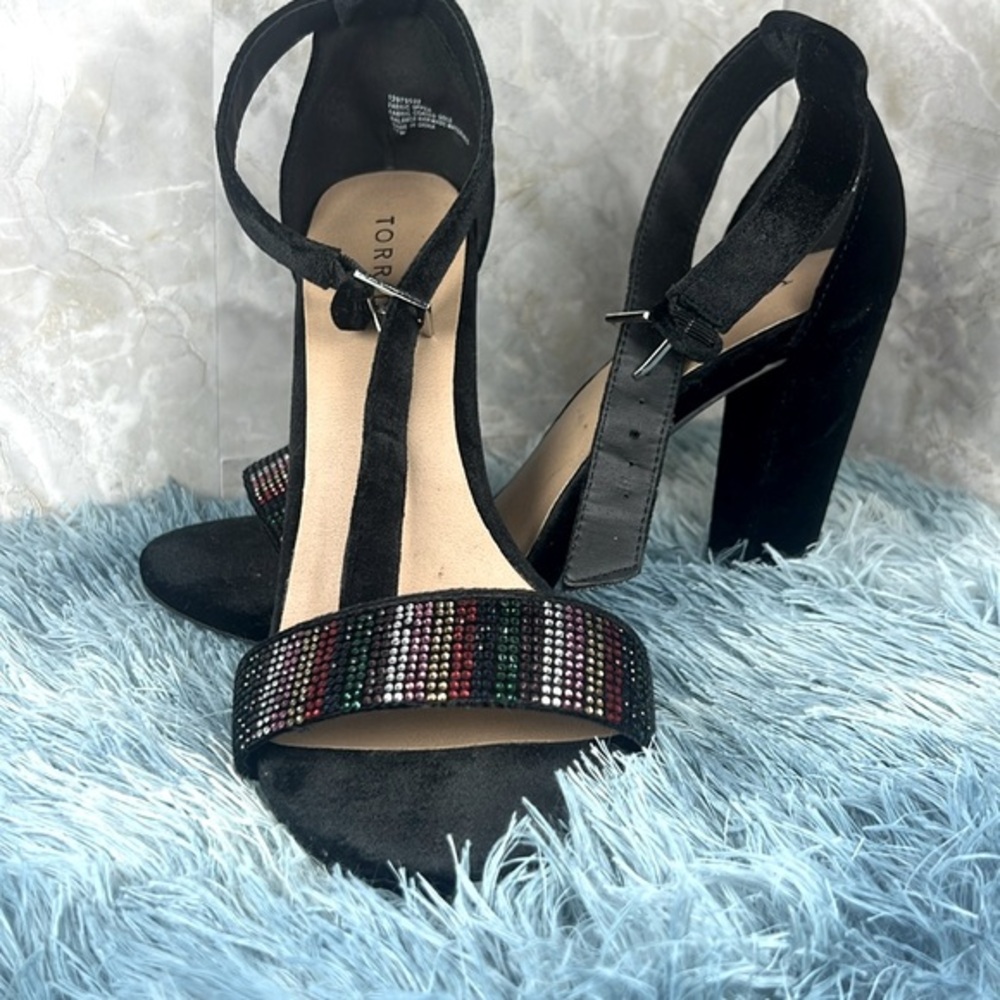 Torrid Shoes Heel black velvet rainbow rhinestones ankle strap size 11w